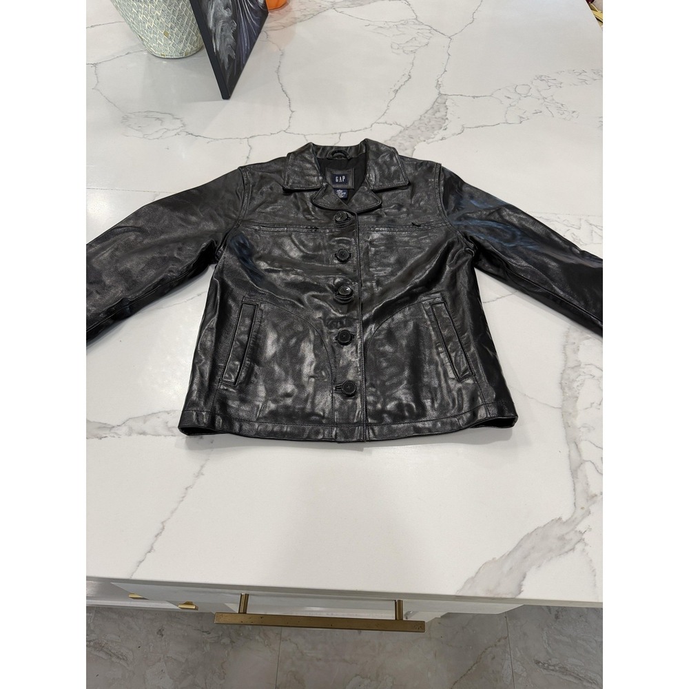 Vintage GAP Jacket kids Medium Black Genuine Leather Button Front Trucker 00s